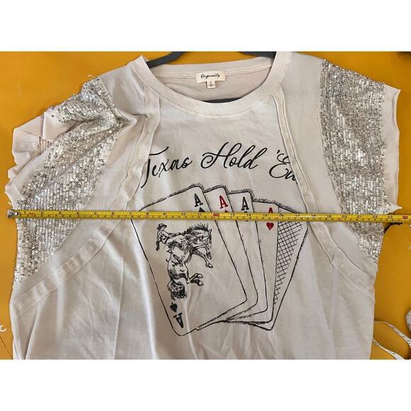 Originality Texas Hold ‘Em Playing Cards White Sequin Graphic Tee Size Large NWT - Picture 5 of 6